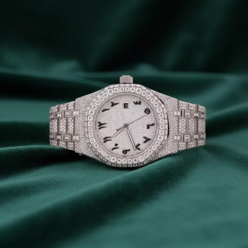 Moissanite AP Full Iced Arabic Numeral Automatic Stainless Steel Watch – Silver Pavé Dial