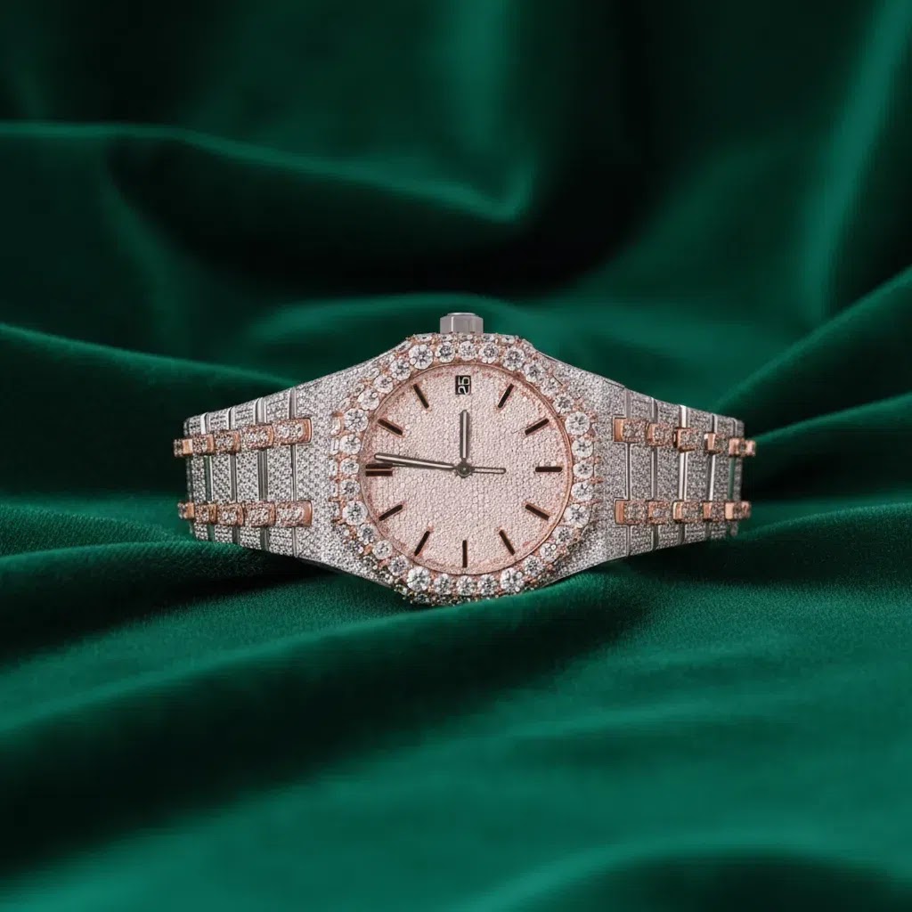 Moissanite Audemars Piguet Royal Oak–Inspired Rose Gold Fully Iced Automatic Watch Diamond Pavé Dial