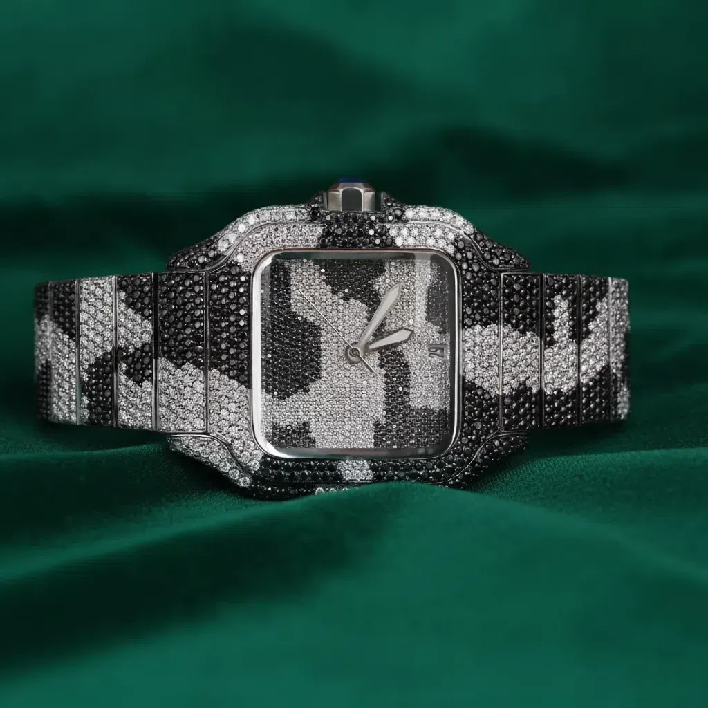 Cartier Santos–Inspired Black & White Iced Square Watch Full Pavé Camouflage Dial Luxury Timepiece