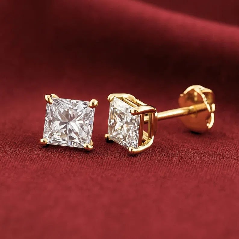 14K Gold Lab Diamond Princess-Cut Stud Earrings, Classy Square Diamond Studs, With Secure Screwbacks, By TILO Jewelry Angle 1