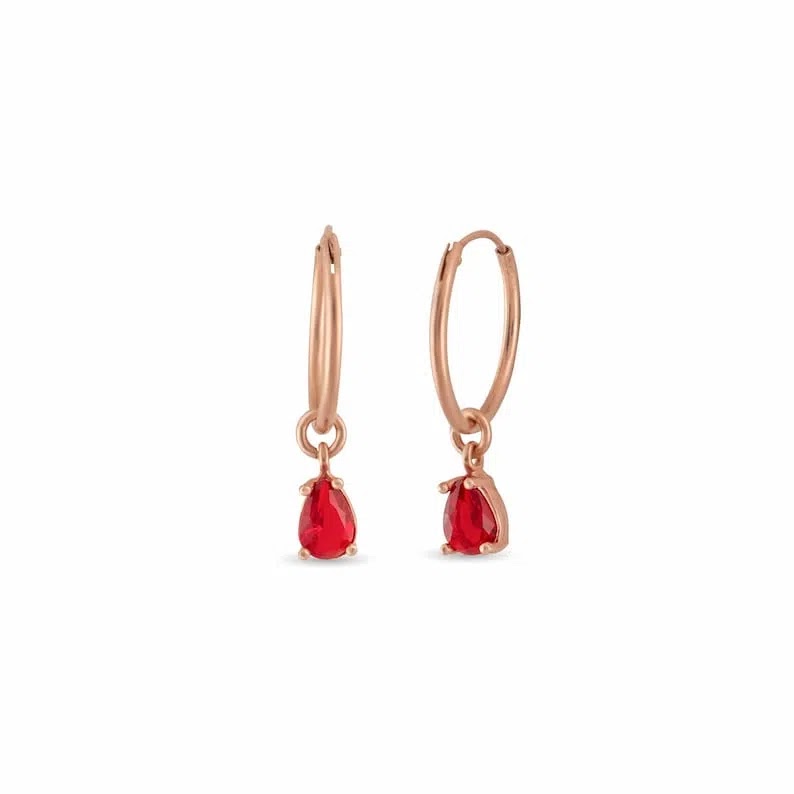 14k Gold Ruby Hoop Earrings, Red Ruby Dangle Drop Earrings, Ruby Huggies Hoop Earrings, Birthstone Earrings, Gemstone… Angle 1