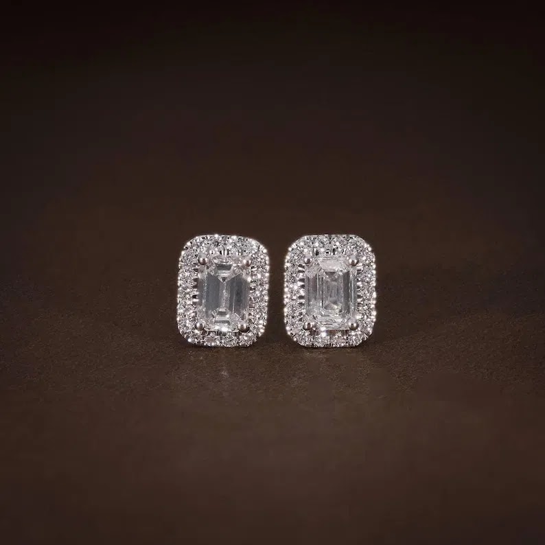 2.59 CT Emerald Cut Diamond Halo Stud Earrings | 925 Silver Bridal Earrings | Cushion Shape Halo | Wedding Jewelry Gi…