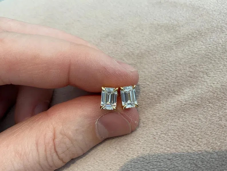 Emerald Cut 2.0 carat Lab Diamond Stud Earrings: Gold Plated Sterling Silver