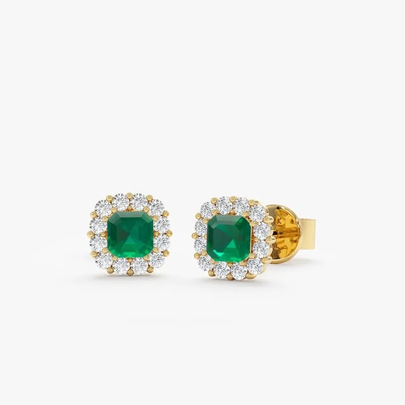 Emerald Diamond Halo Stud Earrings, 14k or 18k Solid Gold, Natural Emeralds, Diamond Studs, Natural and Genuine, May…