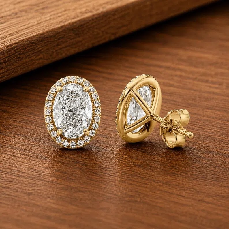 Oval Diamond Stud Earrings, Halo Diamond Earrings, 14K Solid Gold Stud, Minimalist Earring, Elegant Everyday Earring,… Angle 1