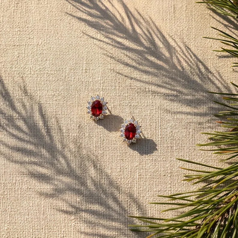 Ruby Halo Stud Earrings | Oval Red Ruby Jewelry | July Birthstone Earrings for Women | 14K Gold Halo Studs | Romantic…