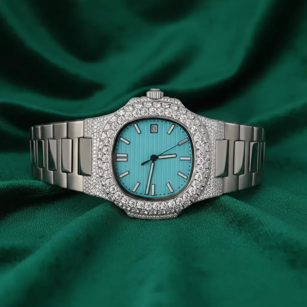 PT 41MM VVS Moissanite Diamond Two Row Stone Bezel Watch 22CT