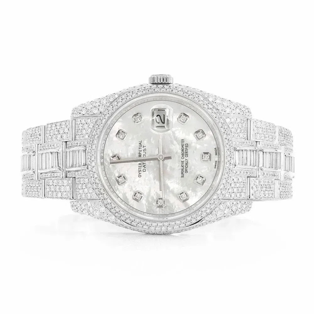 Rolex Datejust Style Full Iced Automatic Chronograph Watch Silver Stainless Steel with Ice White Diamond Dial
