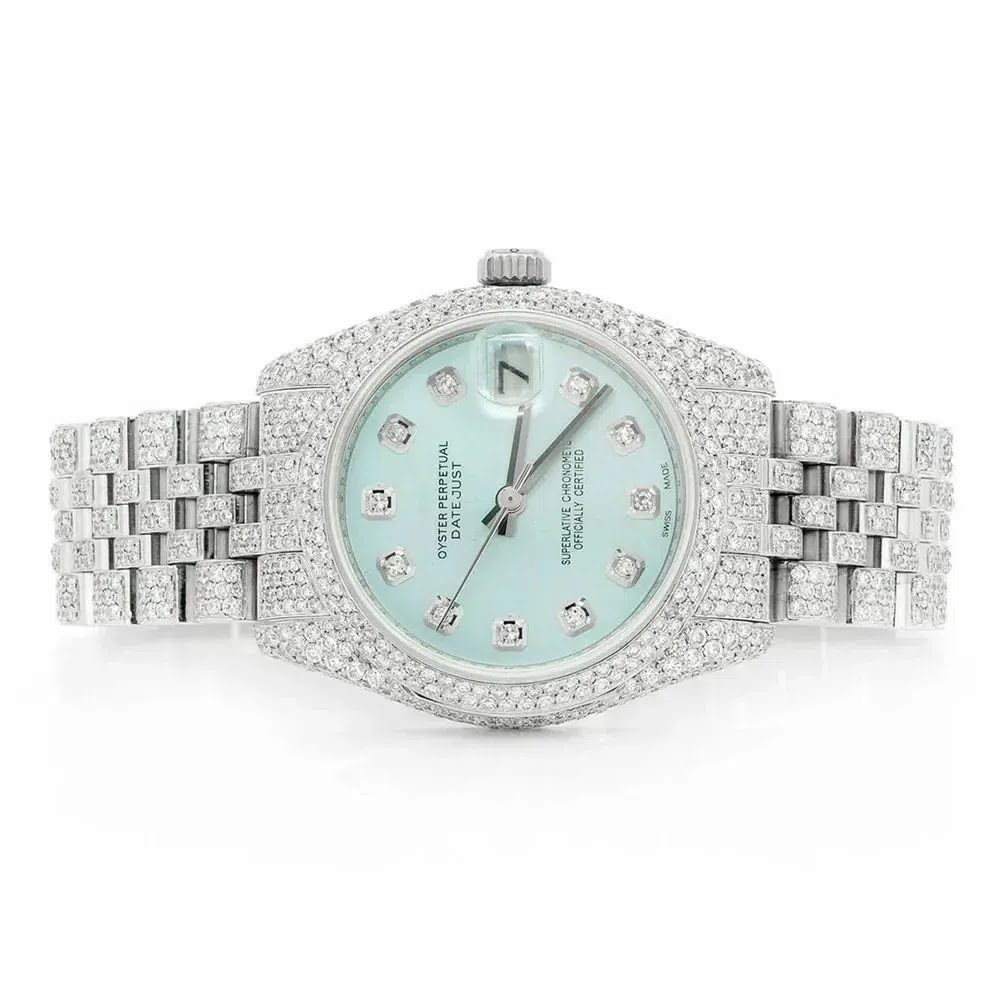 Rolex Datejust Style Full Iced Automatic Chronograph Watch Silver Stainless Steel with Ice Blue Diamond Dial Angle 1