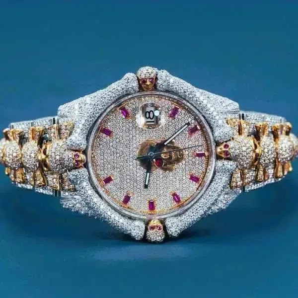 Rolex Datejust Style Two-Tone Full Iced Automatic Chronograph Watch Yellow Gold & Silver Stainless Steel Champagne Dial