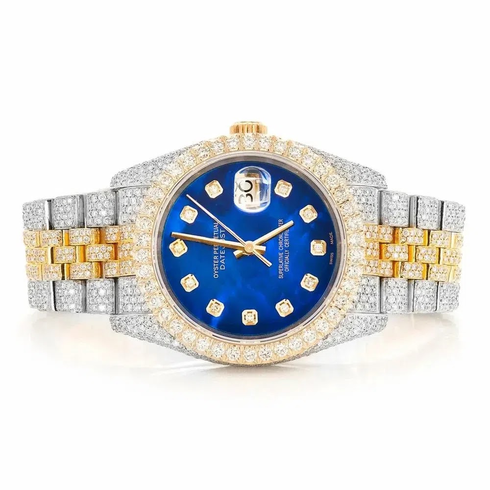 Rolex Datejust Style Two-Tone Full Iced Automatic Chronograph Watch Yellow Gold & Silver Stainless Steel Royal Blue D…